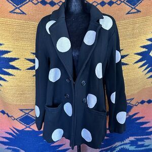 Chico’s Black Polkadot Heavy Cardigan Sweater. Pockets! Faux Double Breasted. XL
